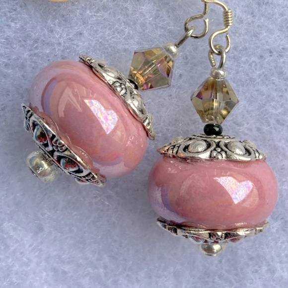 Pink Ceramic Drop Earrings with AB Crystals - Picture 4 of 5